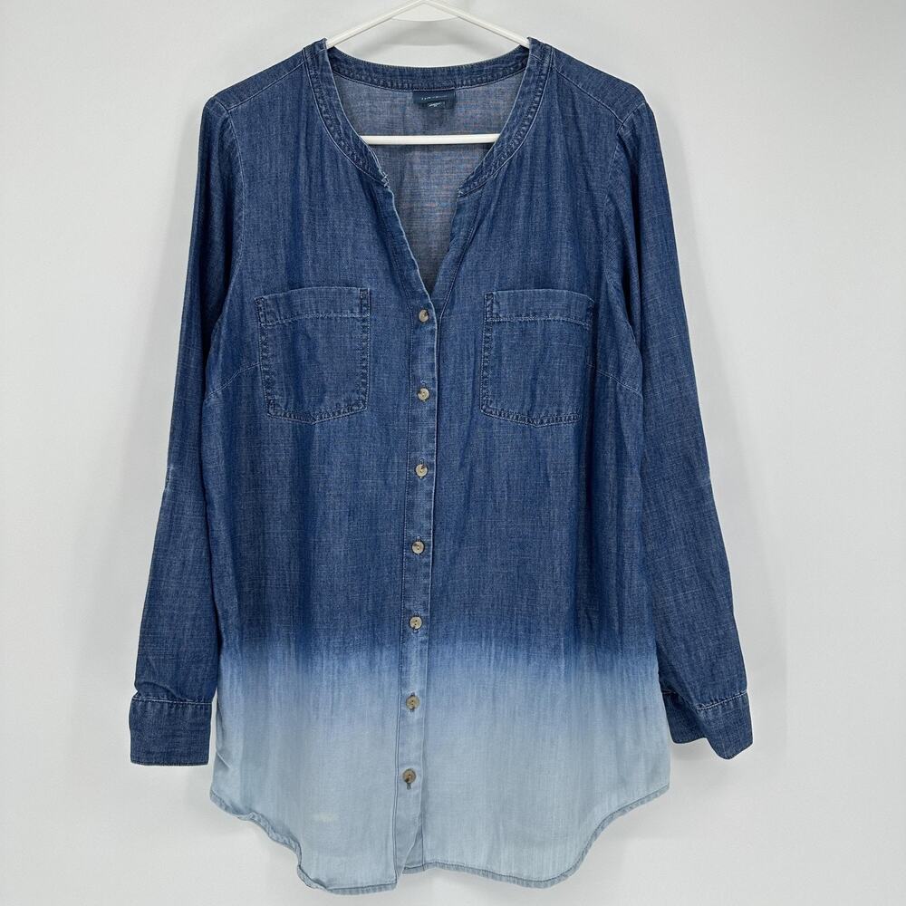 J Jill Denim Shirt Womens Medium Blue Ombre Gradient Long Sleeve Button Up Top